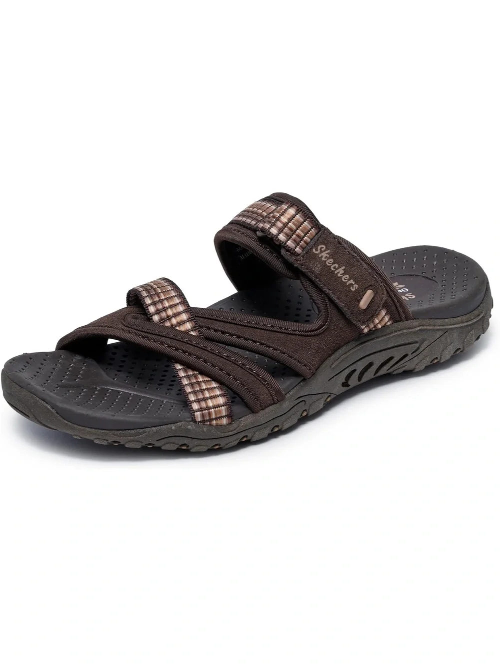 Skechers Reggaes Woman’s Dark Brown Plaid Strap Slide Sandals